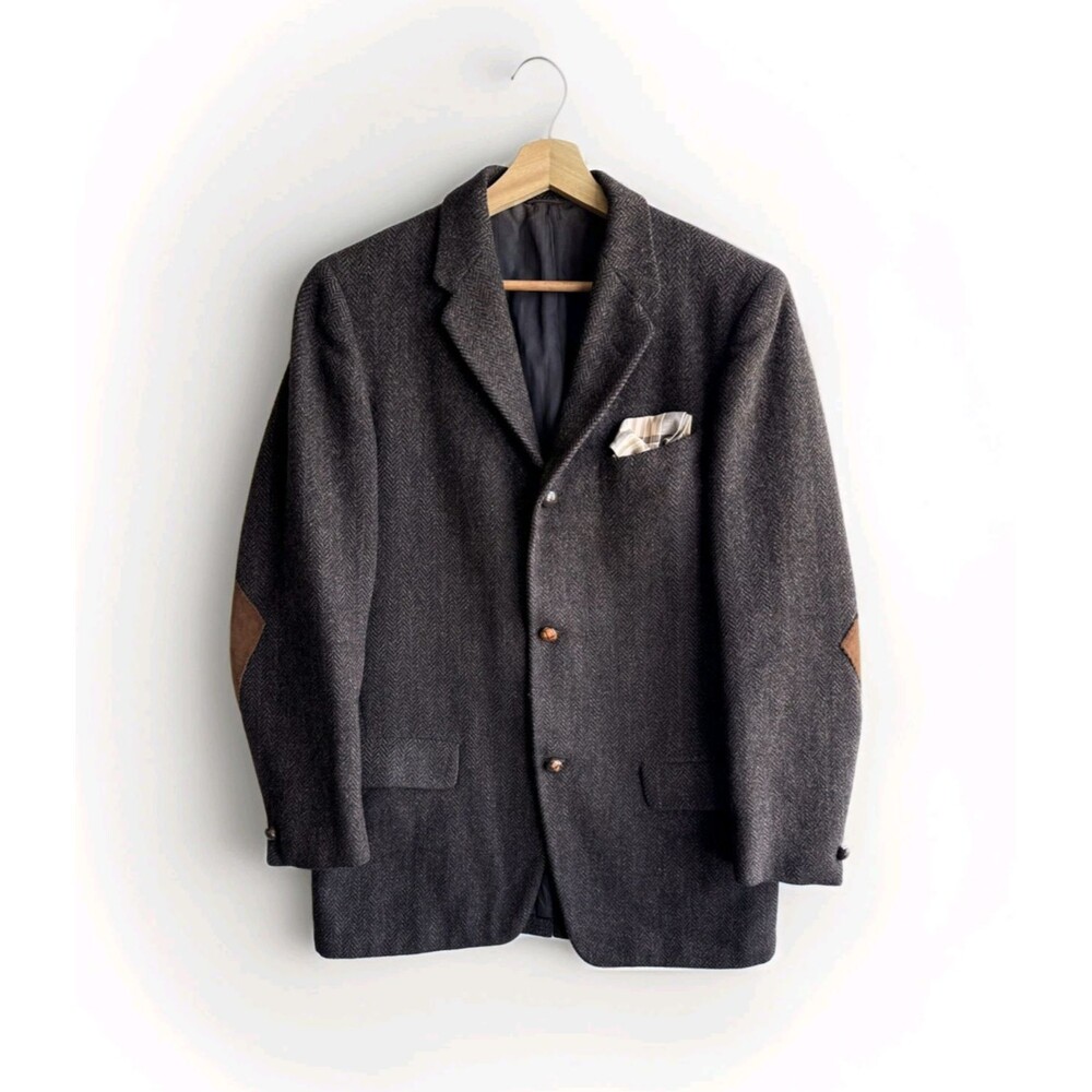 VTG 90s Harris Tweed Herringbone Sports Coat Wool Blazer Suede Elbow Patch 40